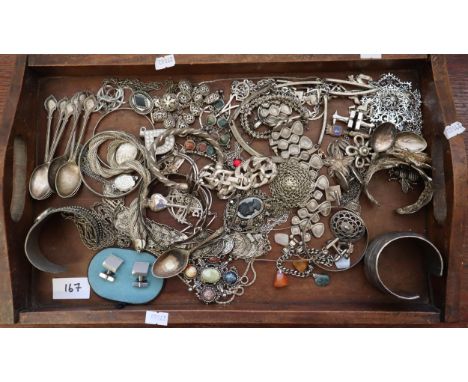 Wooden two handled tray comprising various silver and vintage white metal and other jewellery to include: bangles, necklaces,