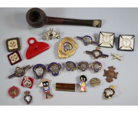 Plastic tub of enamel British Legion badges, RAF WARMA, Golly Badges, Boy Scout, ACME Shepherds Lip Whistle etc. (B.P. 21% + 