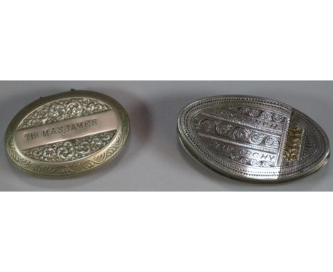 Two vintage Miner's snuff boxes, engraved and marked 'Tom Finch Treorchy' and 'Thomas James'.  (2)   (B.P. 21% + VAT) 