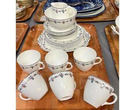 Shelley bone china tea set in Art Deco design with sprigged and chequered banding comprising: six saucers, six side plates, s