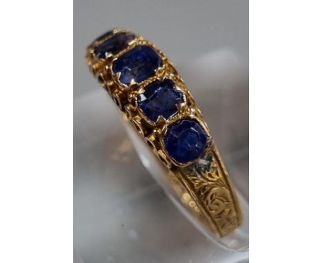 15ct gold Victorian ring set with five cornflower blue sapphires. 1.7g approx. Size L1/2. In antique box. (B.P. 21% + VAT)&nb