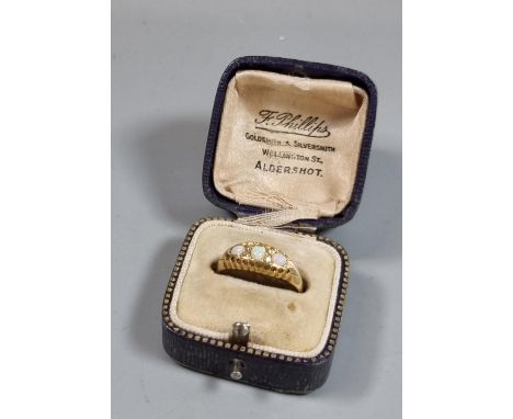 Edwardian 18ct gold diamond and three stone Opal ring in fitted box.  2.8g approx.  Size O.  (B.P. 21% + VAT) 