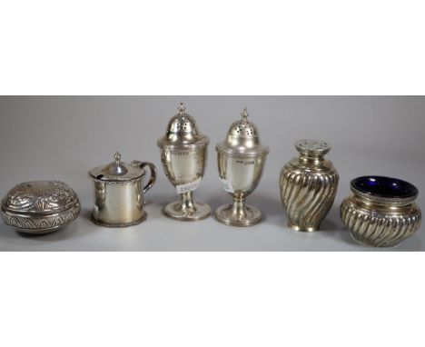 Collection of 19th century and other silver condiments together with a silver circular snuff box.  10 troy oz approx.   (B.P.