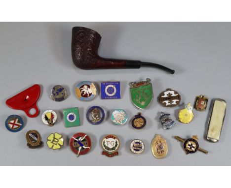 Collection of enamel badges to include: Middleton Tower-Holiday club, Respiration Operator, ACME Shepherds Lip Whistle, pipe,