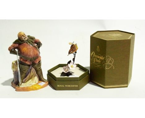 Royal Worcester ornamental studio, ceramic wren sitting on a metal wild rose twig with ceramic flowers, in original box and R
