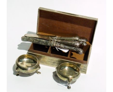 Pair Georgian silver salts, circular with pad feet, silver cigarette box, engine turned, six silver pistol-handled tea knives