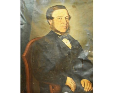 L Renault (19th century) 
Oil on canvas
Half-length portrait of a seated gentleman, in baroque coat and light grey trousers, 