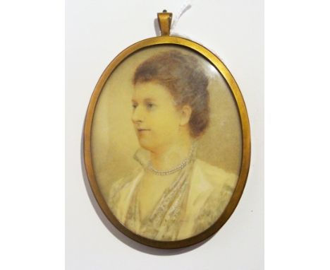 Early 20th century portrait on ivory, quarter-length portrait of young woman wearing pearl necklace, in gold-coloured metal s