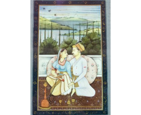 Near pair Indian watercolours on ivory
Regal couple courting beneath canopy and another couple with hookah pipe with lake, la