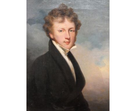 19th century English school
Oil on canvas
Half-length portrait of a gentleman, 28cm x 21cm (with restoration label dated May 