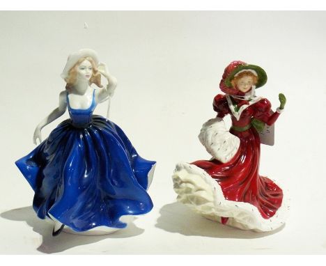 Five Royal Doulton figures including "Debbie", "Coralie", "Top O'The Hill", "Christmas Day 2010" and "Susan", Coalport figure