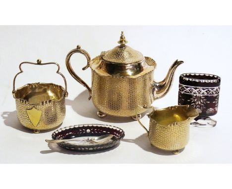 Quantity plated items including scale-pattern teaset and a cut ruby flashed pin tray and small vase 