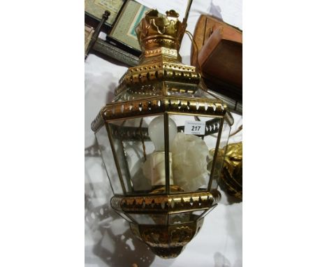 A pendant brass and glass lantern-shape light, pierced 