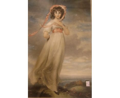 Early 20th century school 
Colour mezzotint 
Portrait of a girl in bonnet, on hilltop, signed in pencil 