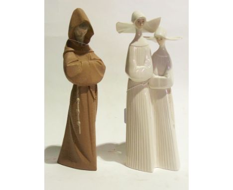 Lladro group of two nuns, a Lladro bisque figure of a monk, Royal Doulton figure "Peace" and a Staffordshire model of a bird 