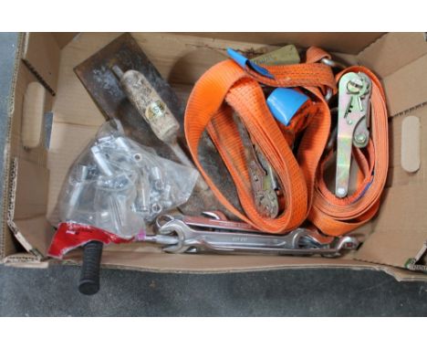 Box of straps and hand tools
