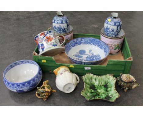 Ceramic planters, pair of vases (AF), oriental bowl, Cauldon blue and white fruit bowl, jugs etc
