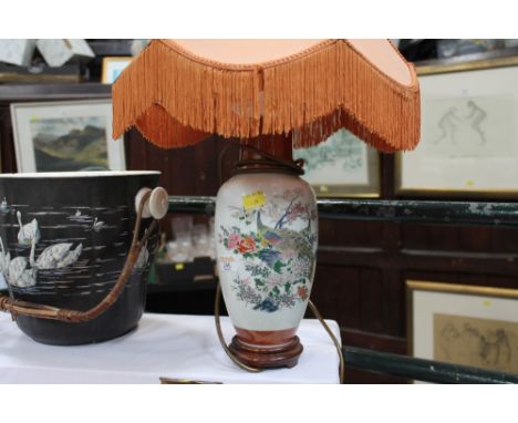 Vintage style lamp, base decorated with pheasants, with orange shade 