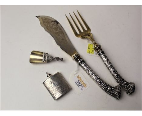 White metal fish servers (knife and fork) stamped 800, serving scoop stamped 800 and Jerusalem flask, stamped 833 