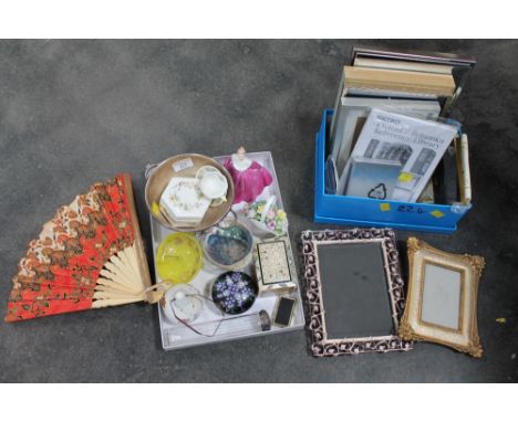 Box of picture frames, electronic encyclopaedia and tray of ornaments, figurines, trinket pots etc  