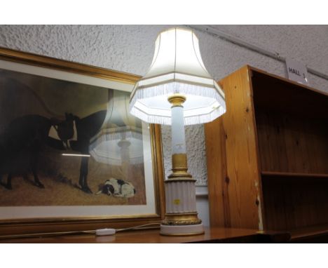 White ceramic lamp base with shade with gold detailing