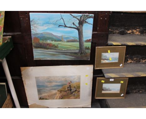 Two small seascape watercolours, oil on canvas, and Victorian print 