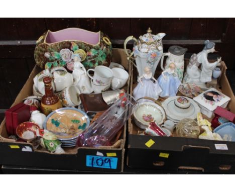 Two boxes of figurines, ornaments, hunting scene decorated tea set, hip flask etc  