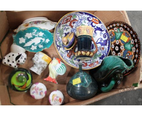 Box of Ironstone Amherst Japan bowl, decorative Thoune pottery plate, paperweight, egg cups, trinket pots etc 