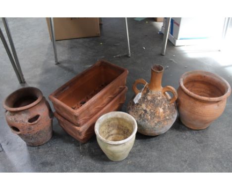 Six terracotta plant pots inc. strawberry planter and Greek style urn