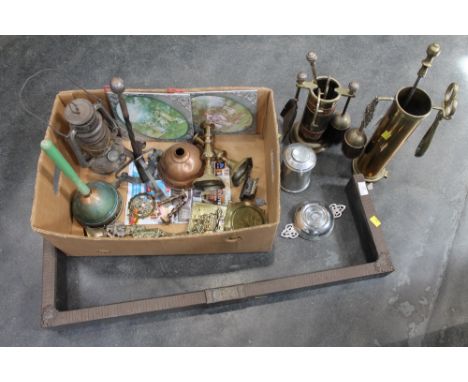 Small fire kerb and box of fireside accessories, brassware, candlesticks, storm lantern etc