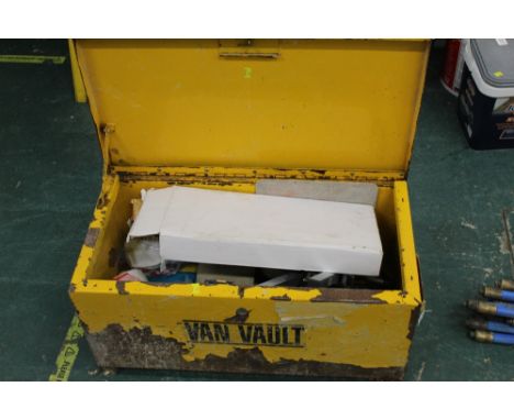 Metal toolbox and tools - tile cutter, crowbar etc