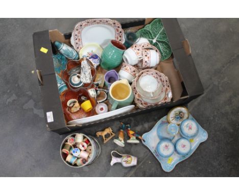 Part tea set, blue ceramic dressing table set, trinkets, tin of cotton thread reels