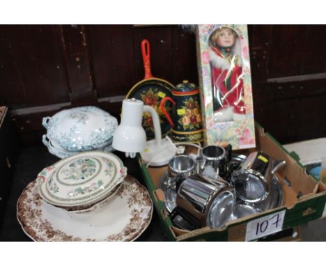 Stainless steel tea service, bargeware teapot, lamp, tureens etc