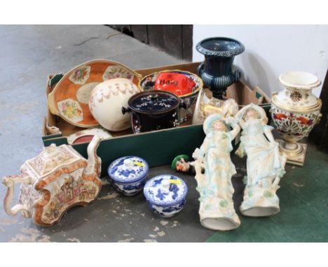 Victorian teapot decorated with Indian elephant, oriental lidded pots, footed bowls, pair of figures, ceramic urns etc