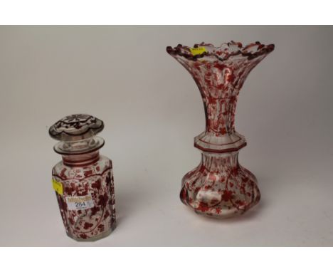 Bohemian Glass vase and lidded jar decorated with ruby red vines