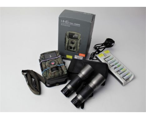 Apeman Trail Camera with battery charger and Optus 12 x 32 binoculars 