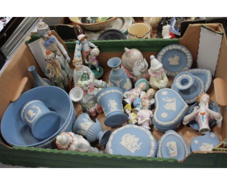 Wedgwood Jasperware ornaments, pin cushion, porcelain ladies, ceramic clown ornaments   