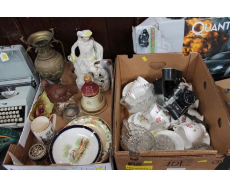 Two boxes of part tea sets, camera, Royal Doulton Grouse Liqueur bottle, Staffordshire figure etc 