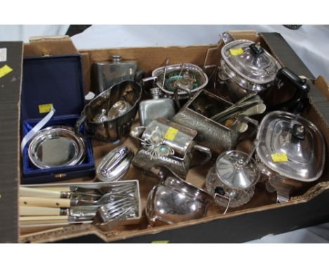 Box of plated ware, including teapots, cutlery, hip flask, costume jewellery etc 