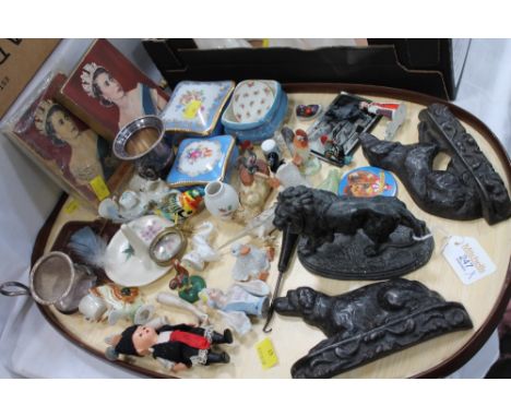 Pair of cast iron dog ornaments, metal lion ornament, royalty memorabilia, trinket pots, animal figures etc (tray not include
