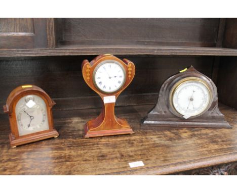 Two mantle clocks retailed by John Forsyth (Elliot) and Finnigans of Manchester and an aneroid barometer