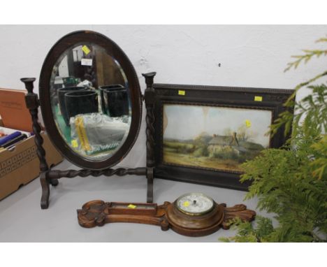 Dressing table mirror on barley twist stand, J Lancaster &amp; Son barometer and ornate wooded framed cottage picture 