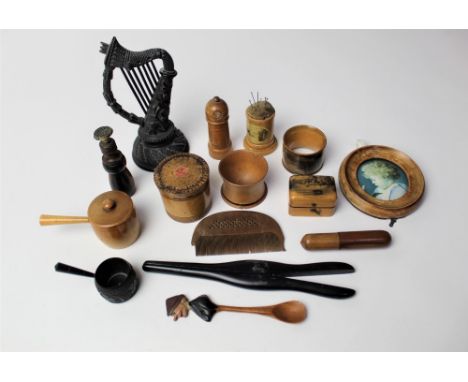 Collection of Treen, Mauchline Ware, bog oak napkin ring, harp, needle holders etc