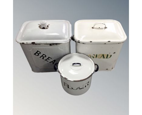 Two vintage enamelled bread bins together with a further enamelled flour bin.