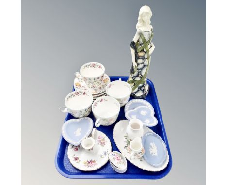A tray containing assorted ceramics including four Minton Haddon Hall china teacups with saucers, Wedgwood Jasperware, a Bena