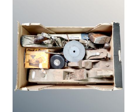 A box of vintage woodworking tools, Stanley Bailey plane, block planes etc 