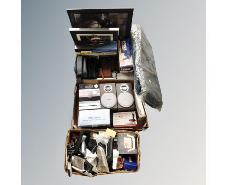Three boxes of assorted electricals, vintage camera,s pictures, remotes, tools etc 