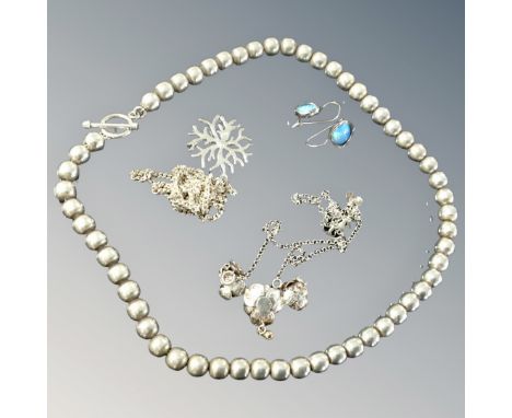 A quantity of silver jewellery including a pair of opal earrings, a bead necklace etc.