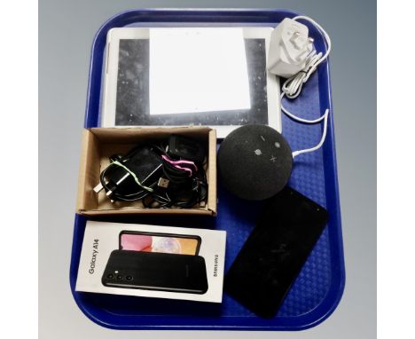 A tray containing a Samsung tablet and mobile phone together with an Amazon speaker. CONDITION REPORT: Samsung phone locked w
