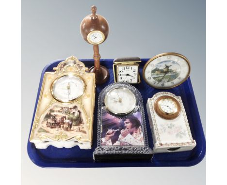 A tray containing a collection of mid-century and later desk and mantel clocks including Country Days porcelain clock by Chri